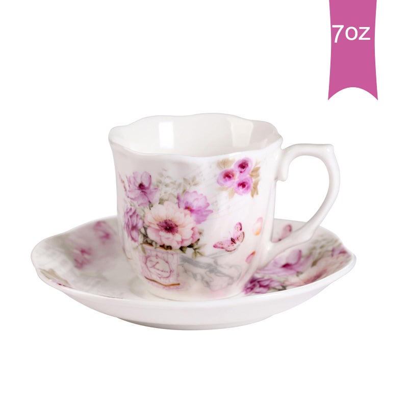 GuangYang 7 oz Porcelain Tea Cups and Saucers set of 6,Purple Fancy Floral Pattern (Perfect for Cappuccino, Flat white Coffee, Americano, Hot Tea, or Desserts) - Image 3
